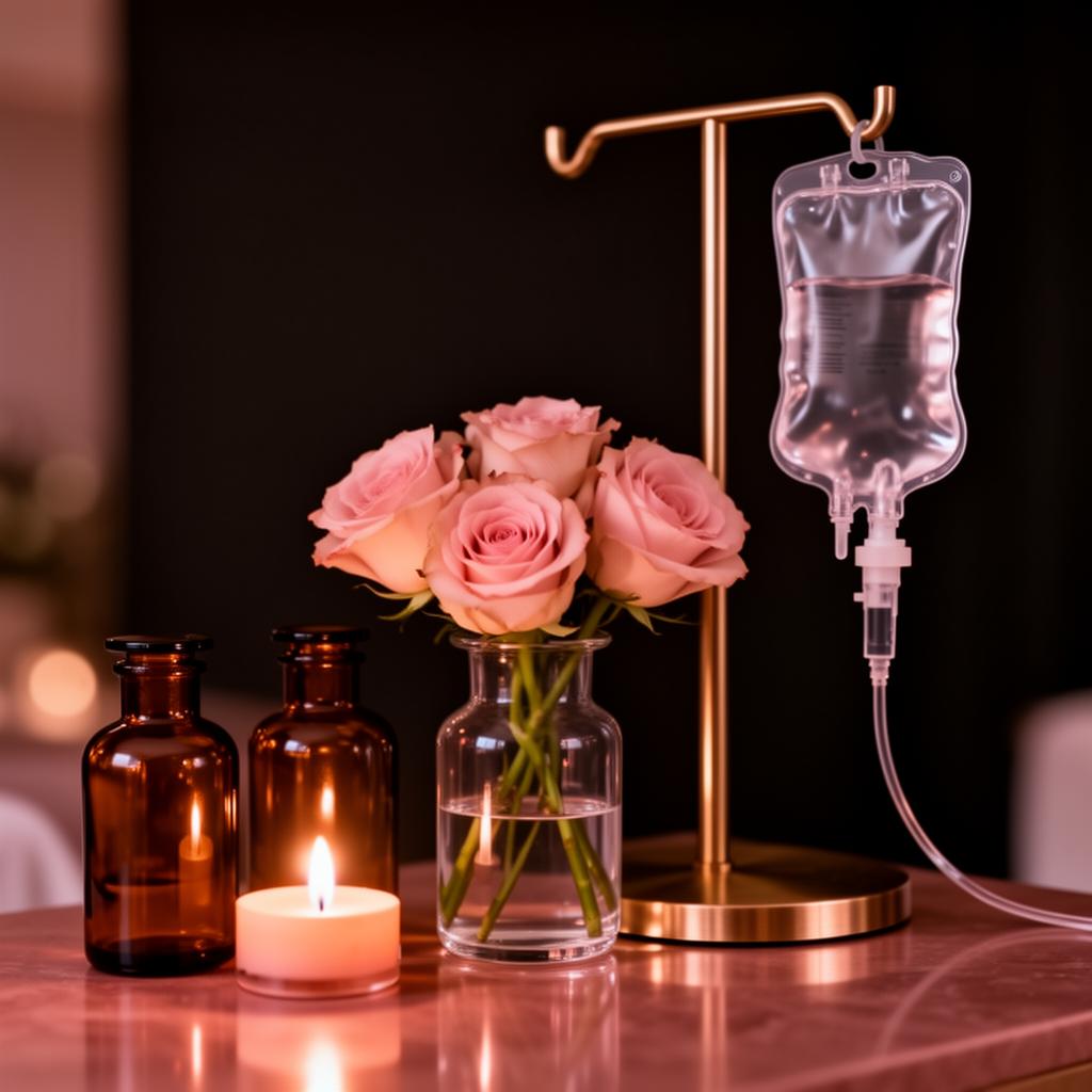 IV therapy still life with roses